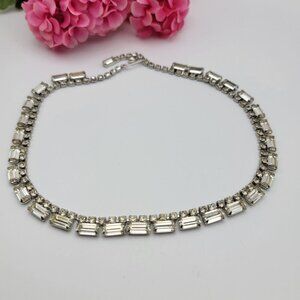 Vintage Silver Tone Clear Crystal Baguette Link Chain Collar Necklace 16" Hook